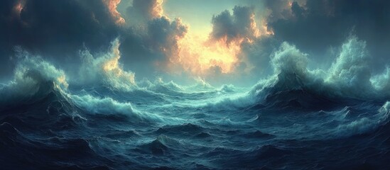 Majestic ocean landscape with dramatic waves and vibrant sky illuminated by the sunrise in a serene natural setting.