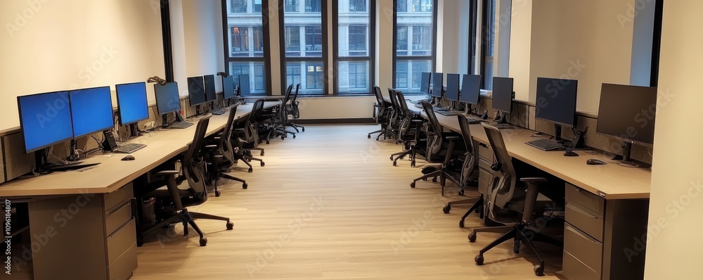 Aufkleber modern office space with multiple workstations and computer monitors.