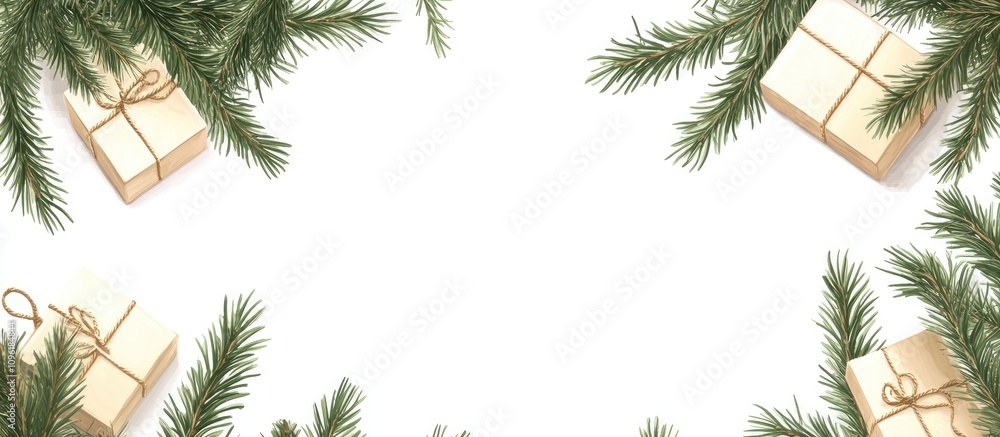 Poster festive christmas banner with fir tree branches and gift boxes creating a blank space for text on a 