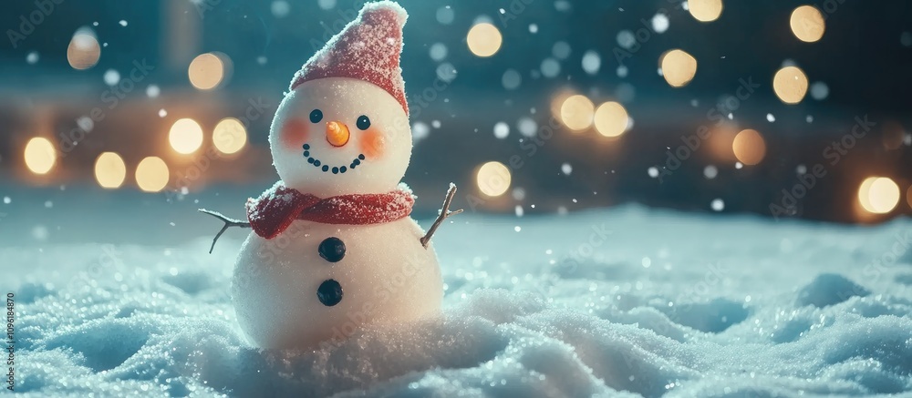 Poster Charming snowman decoration on artificial snow surrounded by bokeh lights creating a festive atmosphere with space for text inclusion
