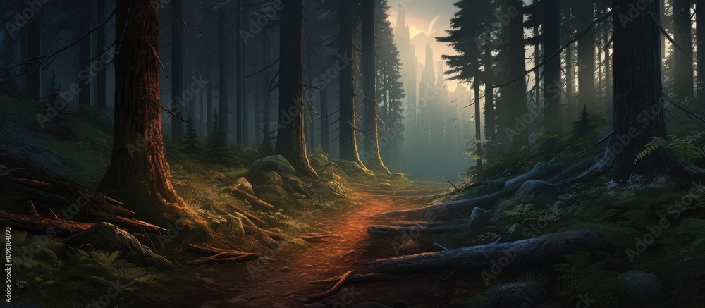 Poster serene forest pathway illuminated by soft light with dense trees and lush greenery creating an encha