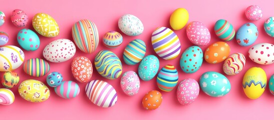Colorful Easter eggs on a vibrant pink background with a festive Happy Easter message for joyful holiday celebrations