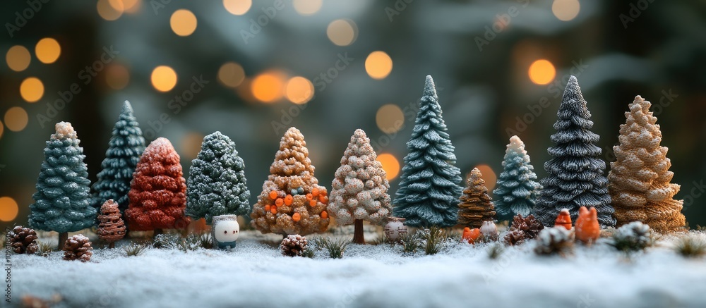 Poster colorful miniature tree toys arranged on a snowy backdrop with blurred bokeh lights creating a whims