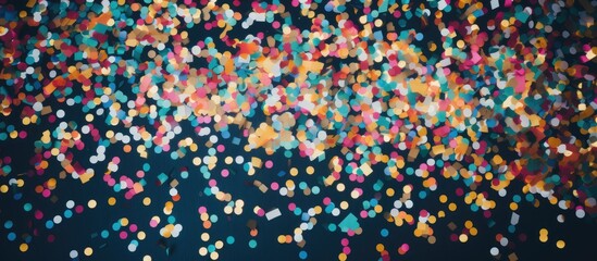 Colorful confetti scattered on a dark floor creating a festive and vibrant background perfect for party-themed designs and celebrations