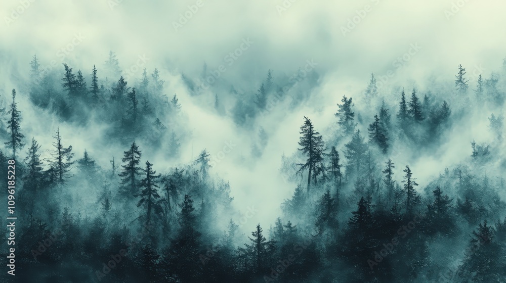 Poster misty forest landscape with tall evergreen trees and low-hanging fog creating an atmosphere of myste