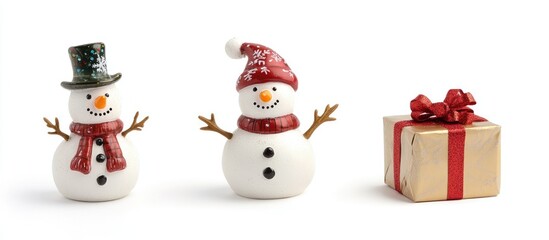 Festive snowmen with a Christmas gift box on a clean white background perfect for holiday decorations and seasonal advertisements