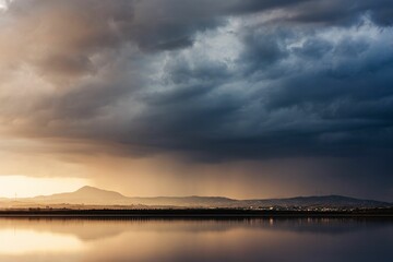 Dramatic sunset over serene lake with stormy clouds.