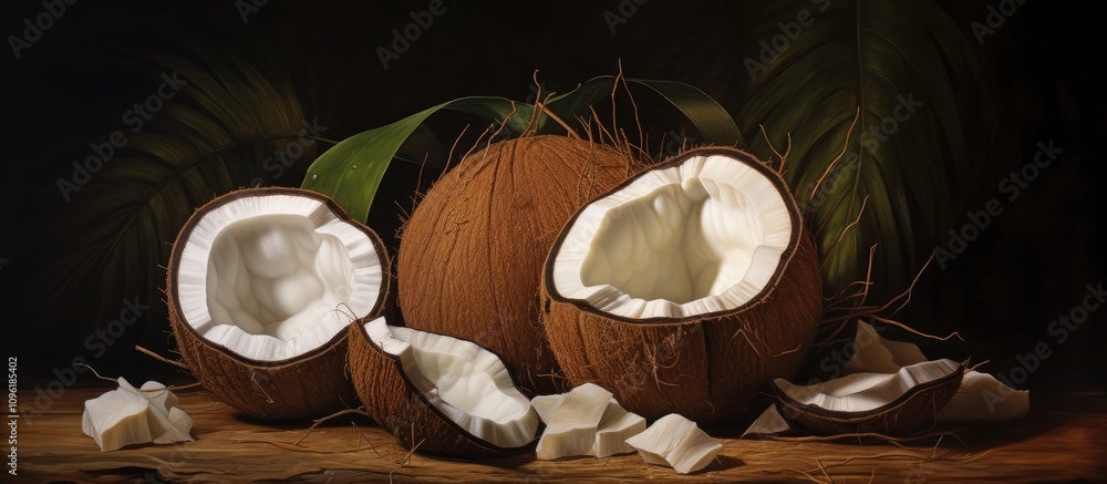 Poster coconuts on a wooden table with outer shells and fresh coconut meat surrounded by green leaves in a 