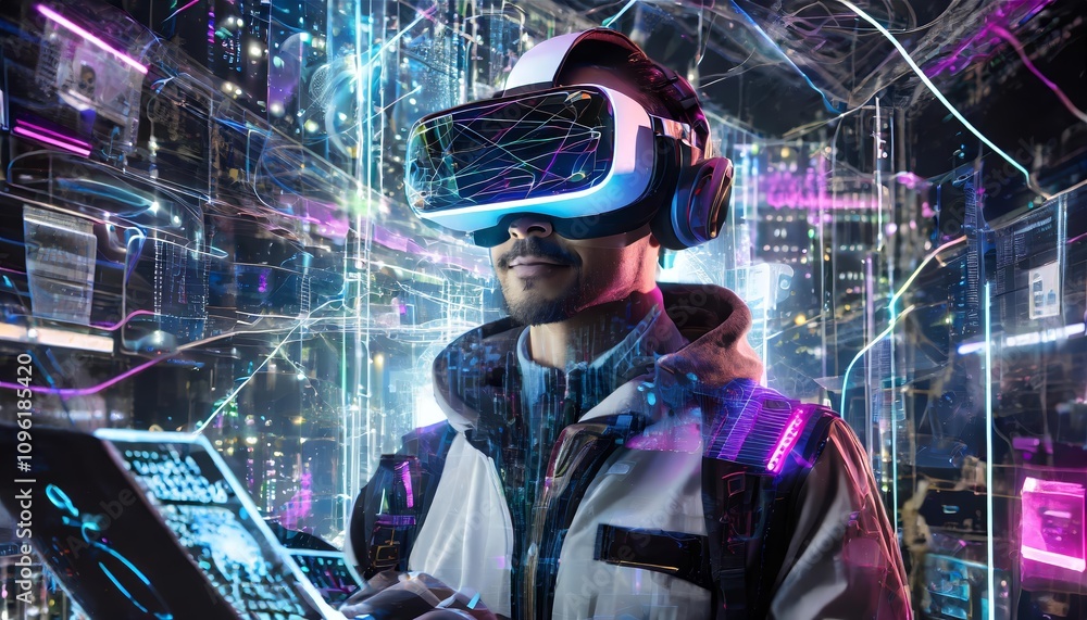 Poster a highly skilled cyberpunk hacker navigating a futuristic urban setting surrounded by vibrant hologr