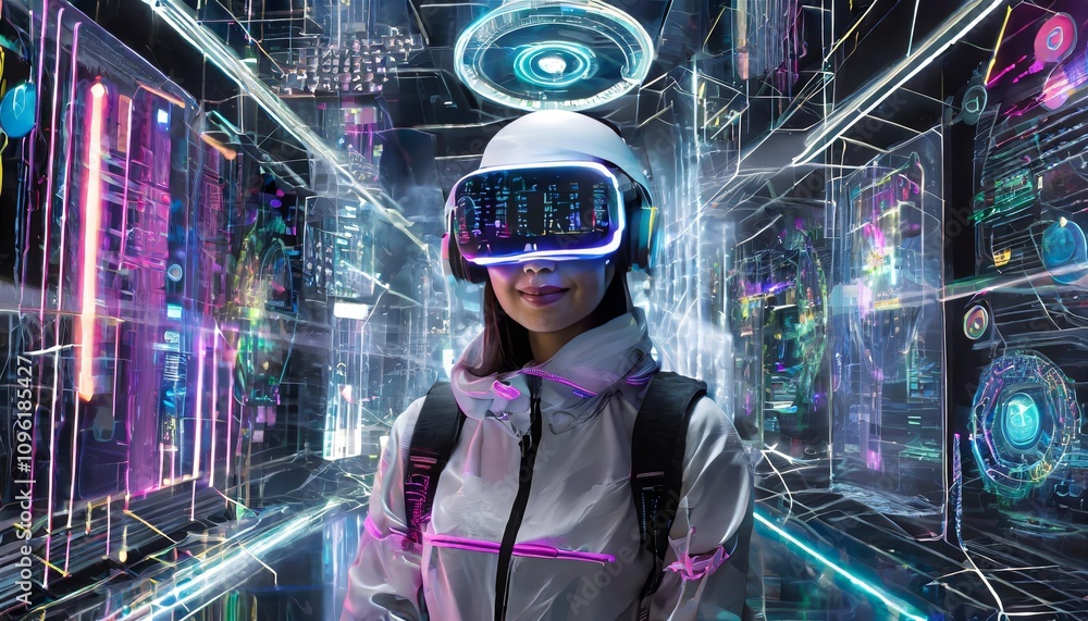 Poster a highly skilled cyberpunk hacker immersed in a cutting-edge futuristic setting, navigating holograp