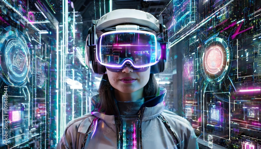 Aufkleber a skilled cyberpunk hacker navigating a high-tech futuristic world, surrounded by glowing holographi