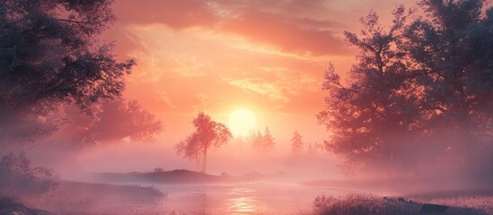 Serene misty landscape at sunrise with soft pastel hues and silhouetted trees reflecting on tranquil water surface