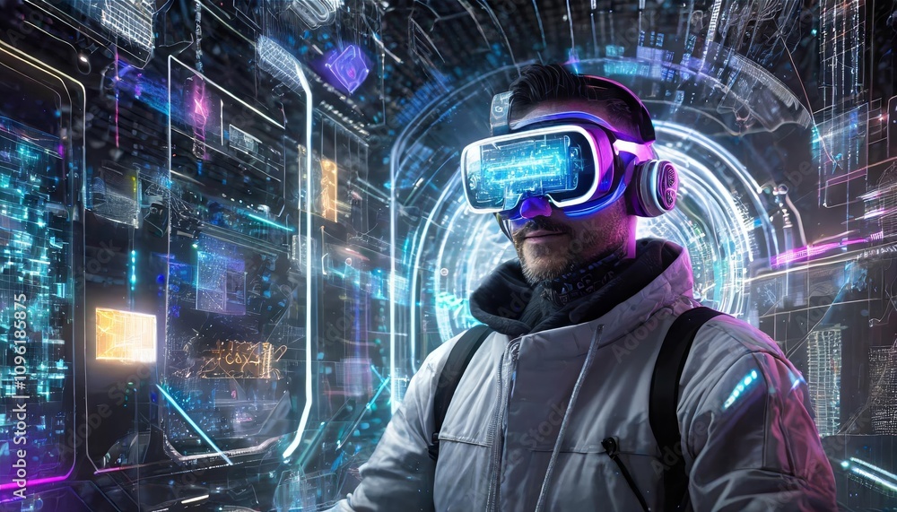 Poster a highly skilled cyberpunk hacker immersed in a futuristic neon-lit world, operating amidst dynamic 