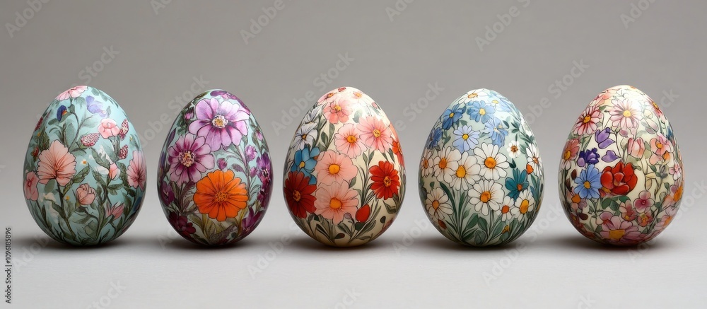Poster colorful easter eggs decorated with intricate floral patterns arranged in a row on a gray background