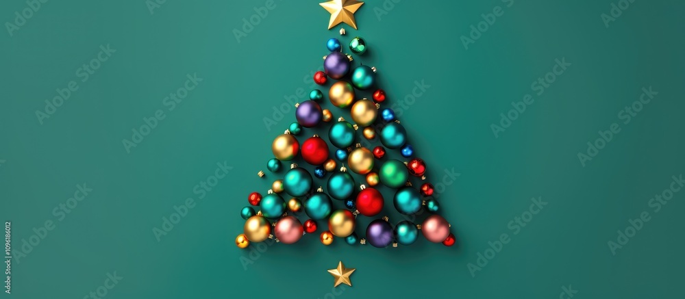 Poster minimalist christmas tree made of colorful ball decorations on a vibrant background with ample copy 
