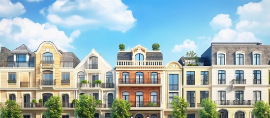 Fototapeta premium Elegant cityscape showcasing historical architecture with lush greenery under a bright blue sky.