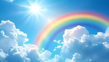 Vibrant rainbow stretching across a blue sky, colorful, vibrant, nature, weather, spectrum, beautiful. Rainbow against the fanciful blue sky. Panoramic view of a rainbow over the landscape 