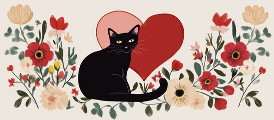 Valentine's Day card design with a black cat, heart shape, and floral arrangements for a charming romantic greeting.