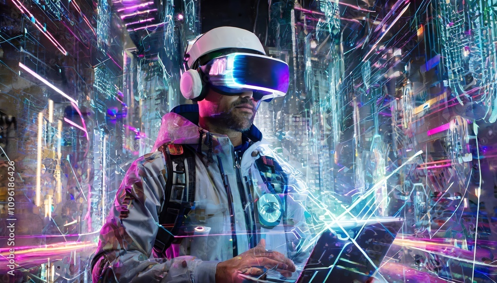Poster a visionary cyberpunk hacker immersed in a futuristic world of holographic interfaces, showcasing ad