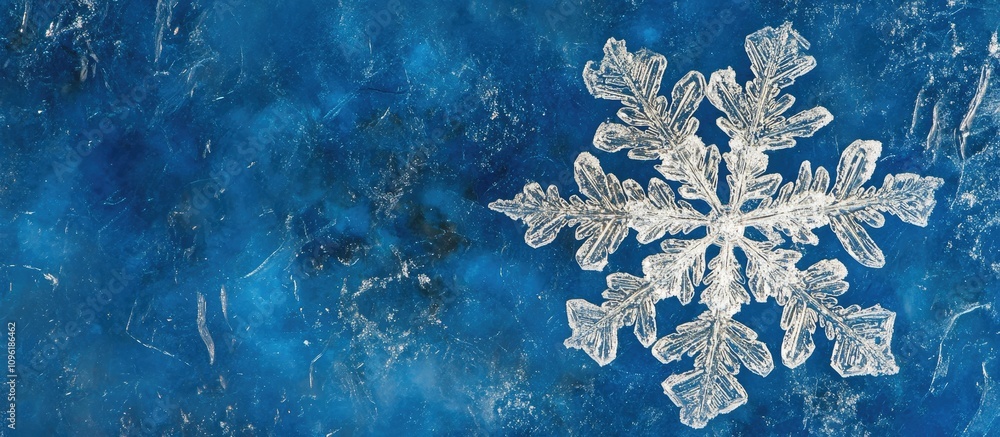 Poster macro shot of a delicate snowflake on a vivid blue background showcasing intricate details of winter