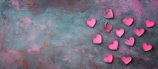 Valentine's Day flat lay backdrop with pink hearts on textured turquoise surface ideal for postcards and well wishes empty space included