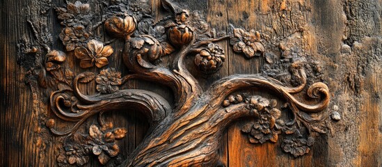 Intricate wooden tree ornamentation with floral details against a rustic wooden background showcasing craftsmanship and natural beauty.