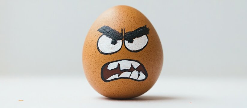 Angry brown egg with face paint displayed on a white background showcasing a humorous and playful concept for creative projects