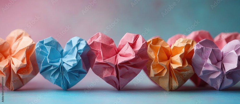 Poster colorful origami paper hearts arranged in a row on a soft gradient background symbolizing love and c
