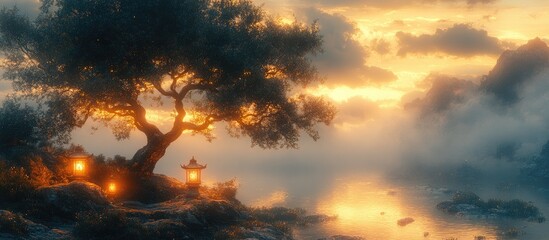 Fototapeta premium Serene landscape featuring two lanterns beside a tree at sunset reflecting on calm waters with misty mountains in the background.