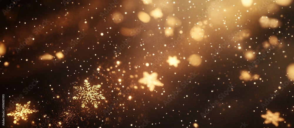 Poster golden snowflakes and shimmering stars falling gracefully against a soft dark background creating a 
