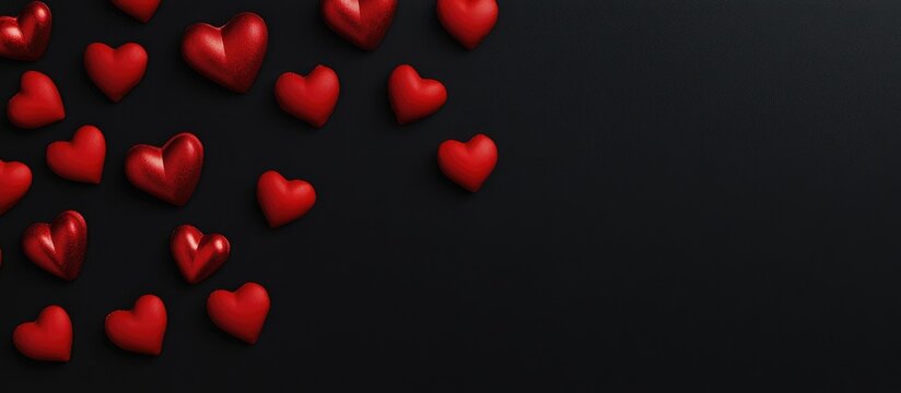 Valentines Day backdrop with glossy red hearts scattered on a sleek black background creating a romantic visual theme for celebrations