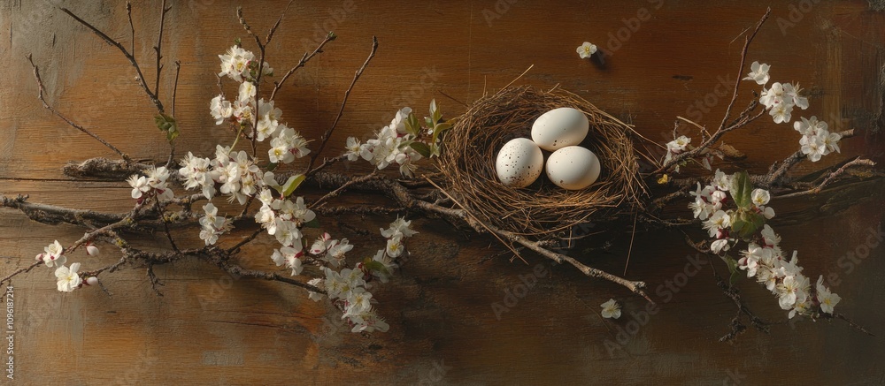 Aufkleber nest with white eggs nestled on blossoming branches creating a serene springtime composition against
