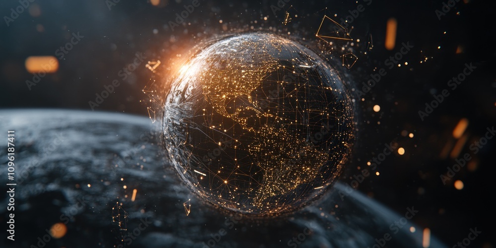 Poster A digital representation of Earth with glowing connections and data points.