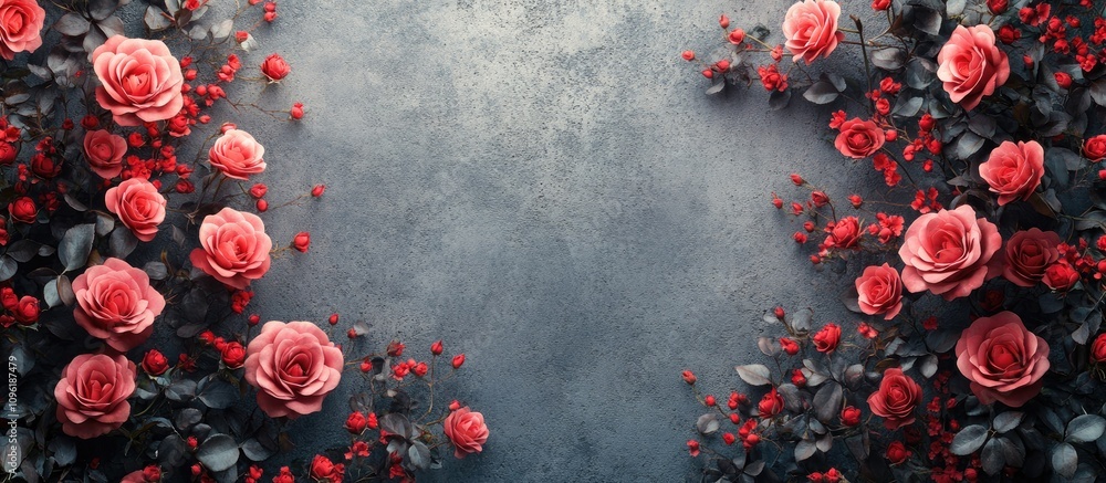 Poster vintage pink roses on a textured grey concrete backdrop creating a romantic atmosphere with ample sp