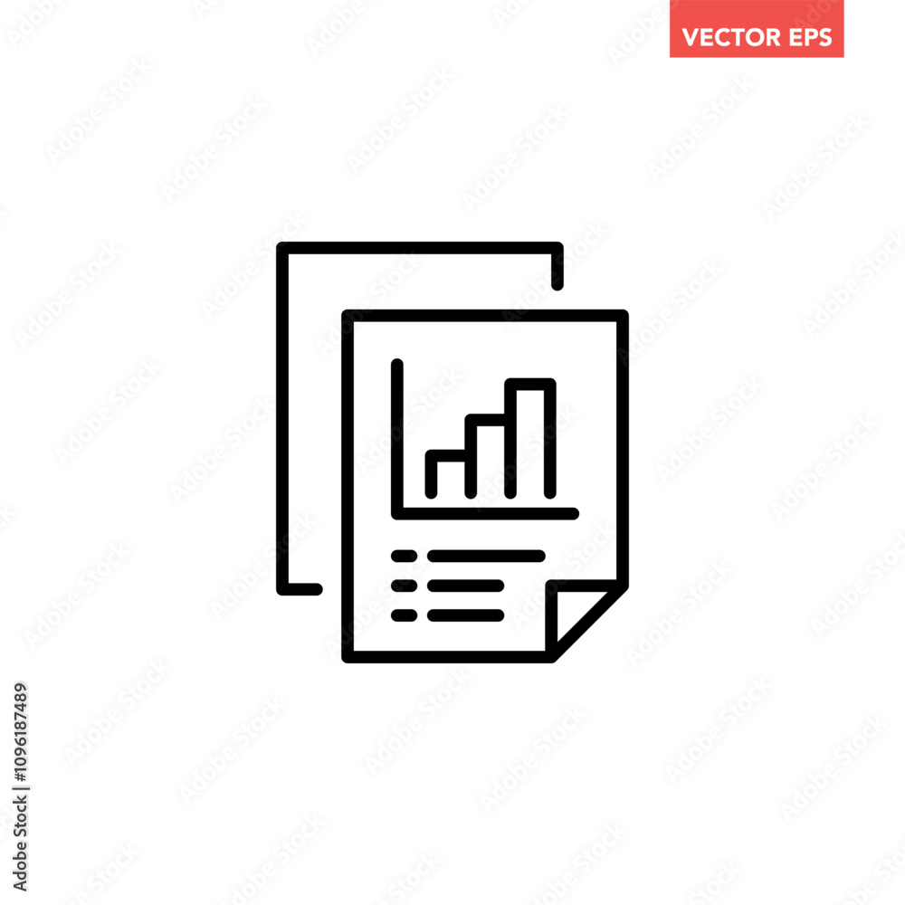 Poster single black business report line icon, simple financial document graphic flat design vector pictogr