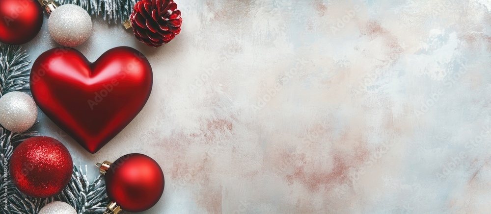 Poster christmas heart and baubles with pine cones on soft pastel background vertical banner with empty spa