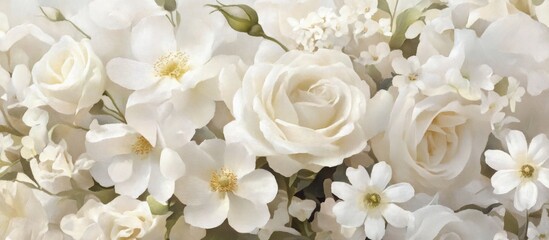 Elegant arrangement of white flowers featuring roses and daisies for wedding decor or floral design inspiration