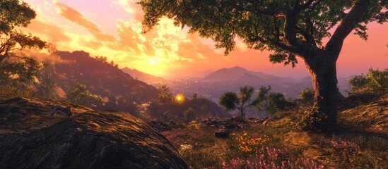 Serene sunset over a picturesque landscape with vibrant colors and lush greenery inviting exploration and discovery.