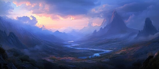 Naklejka premium Panoramic mountain landscape at dusk showcasing layered blue mountains and a winding river under a dramatic sky