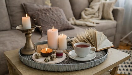 A captivating still life scene in a cozy living room featuring a serving platter adorned with a cup of tea and a decorative can, showcasing serene domestic elegance and a warm, inviting