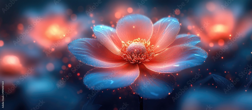 Poster Vibrant ethereal flower in soft focus illuminated by glowing light with bokeh background creating a dreamy atmospheric effect