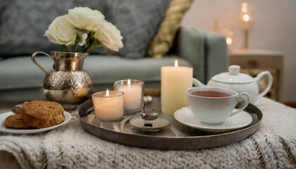 Still life of a cozy living room scene featuring a serving platter holding a steaming cup of tea and a can, placed on a table. Captures warmth and serenity with intricate home decor details.