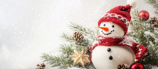Obraz premium Charming snowman adorned with festive accessories against a snowy background celebrating the holiday season with Christmas decorations