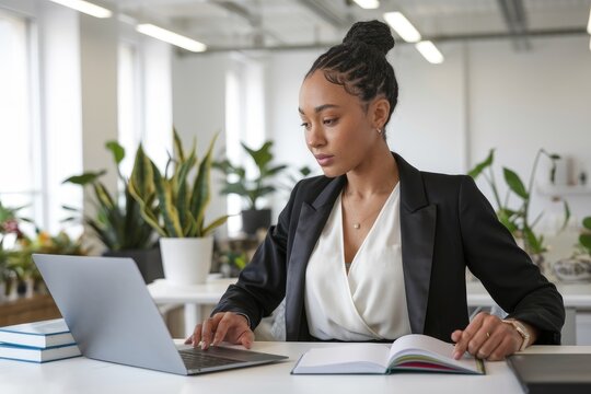 Focused businesswoman working on laptop in modern office with plants