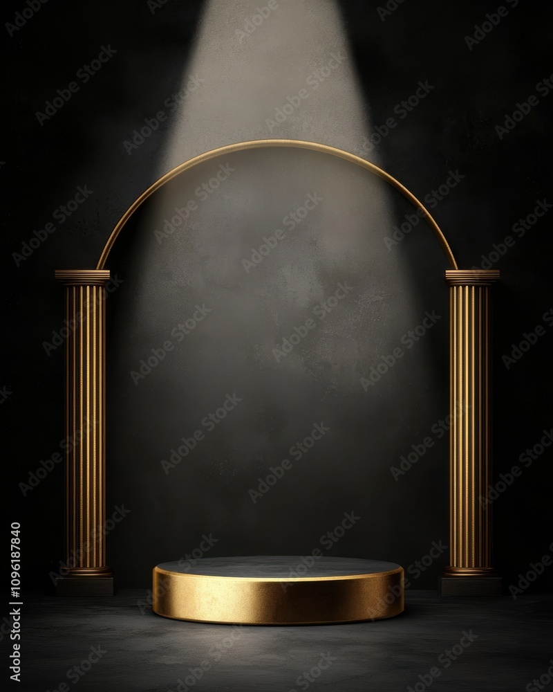 Poster a minimalist stage with golden columns and a circular platform, illuminated by a spotlight against a