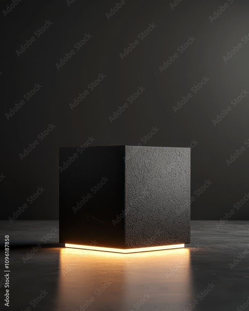 Poster a sleek black cube with a glowing bottom edge sits on a dark surface, creating a minimalist and mode