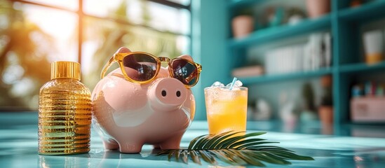 Obraz premium Piggy bank wearing sunglasses with cocktail sunscreen and palm leaf on a turquoise backdrop depicting summer savings and relaxation vibes