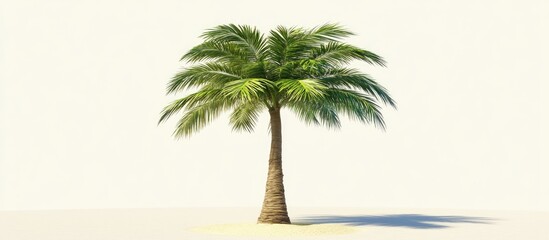 Obraz premium Lush palm tree standing tall on sandy ground against a soft light background ideal for tropical or vacation-themed designs