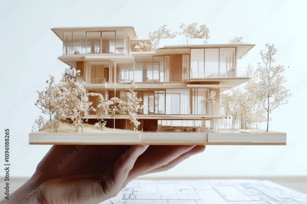Aufkleber a hand holds a detailed architectural model of a modern multi-story building with greenery.