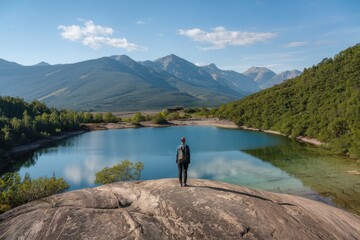 Female hiker contemplating beautiful mountain lake scenery in norway